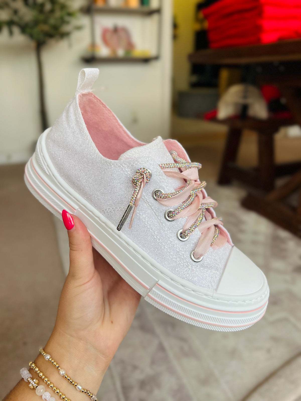 Aman Sparkle Sneakers, White w/ Pink Ribbon