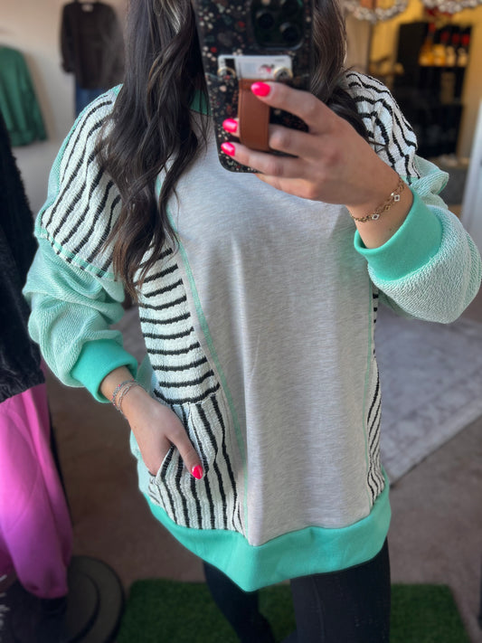 Long Sleeve Stripe Color Block Top, Mint