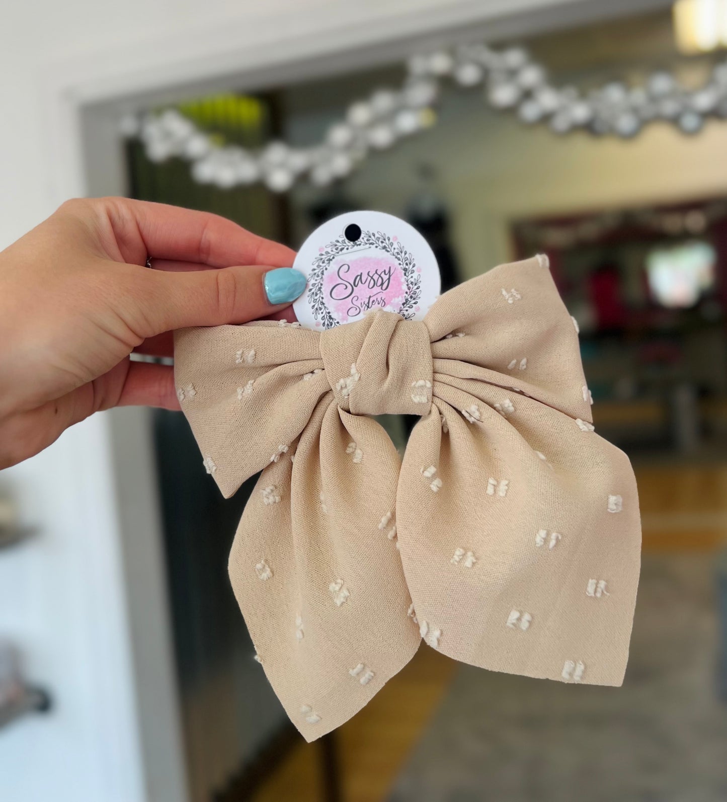 Ditsy Bow Clip, Tan