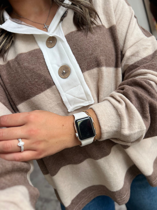 Striped Hacci Polo Sweater, Mocha