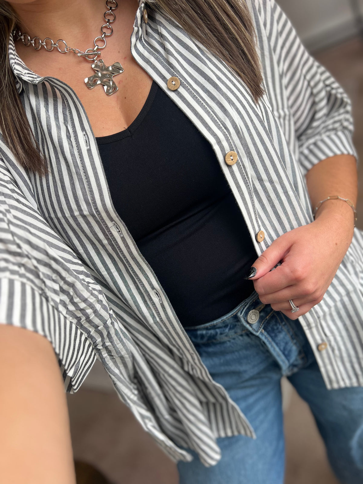 Oversized Stripe Button Up, Black