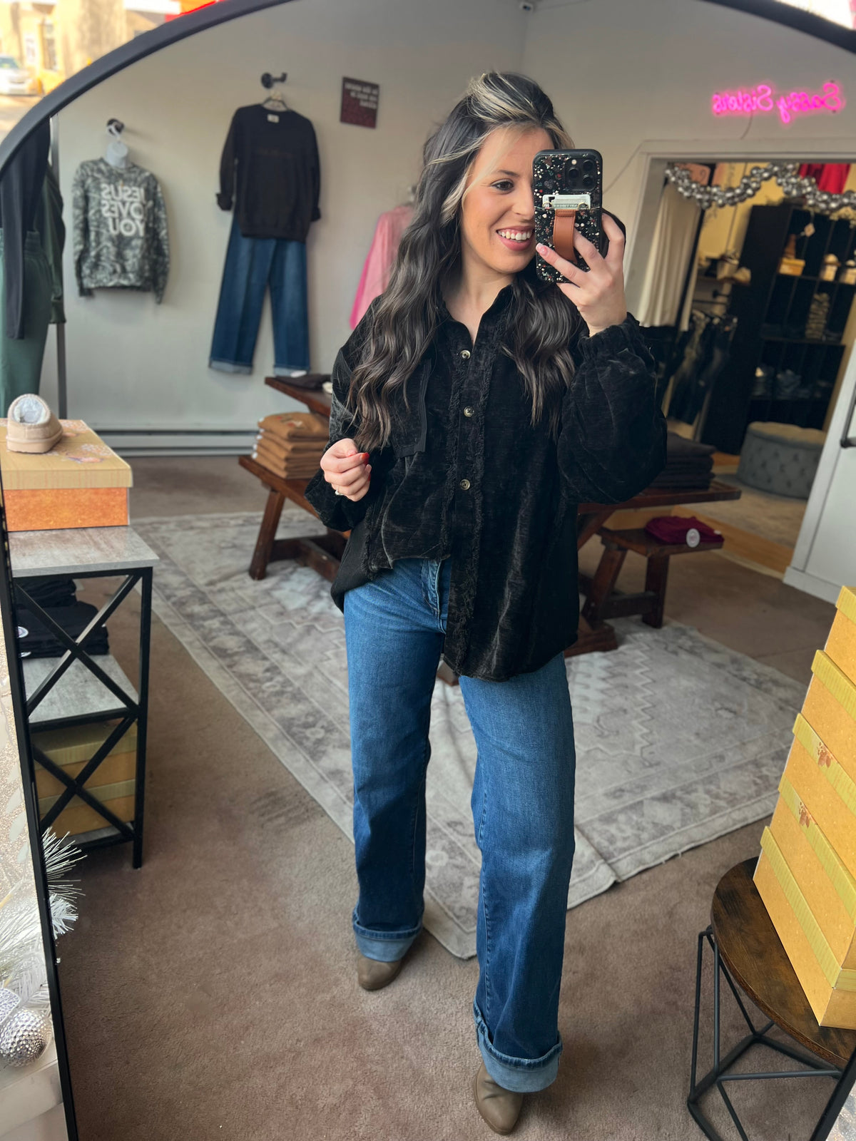 Distressed Cozy Button Down, Black