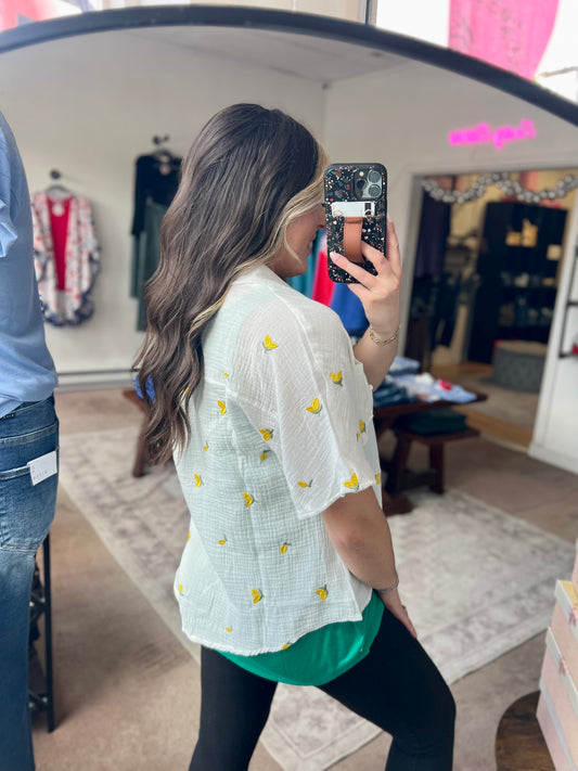 Lemon Embroidered Gauze Shirt