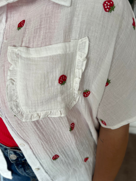 Strawberry Embroidered Gauze Shirt