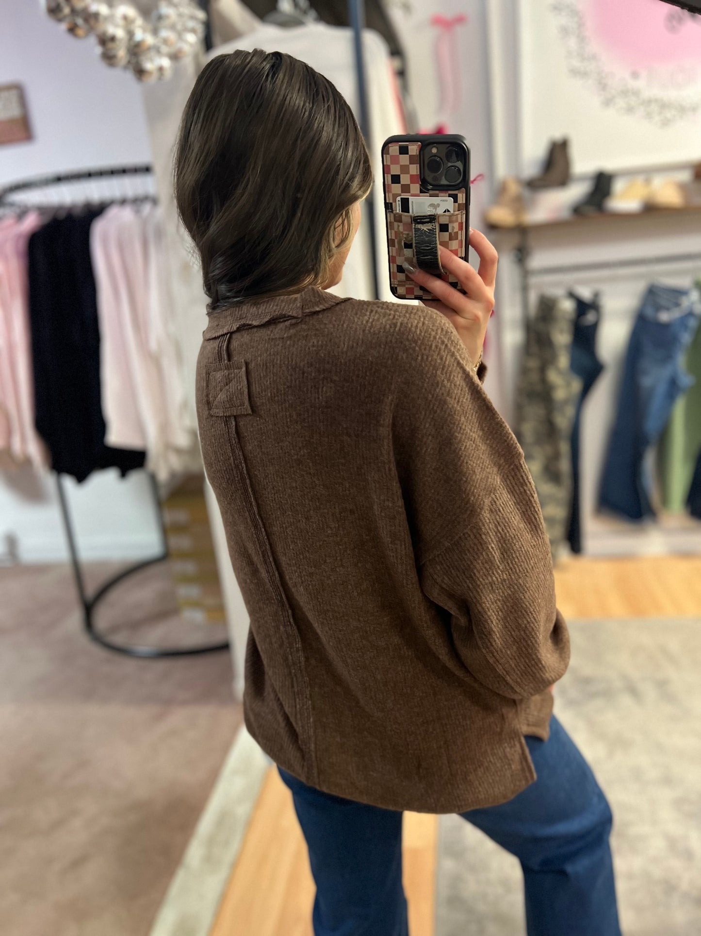 Ribbed Hacci Drop Shoulder Sweater, Brown