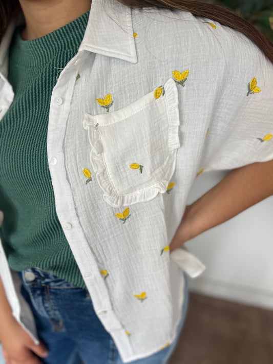 Lemon Embroidered Gauze Shirt