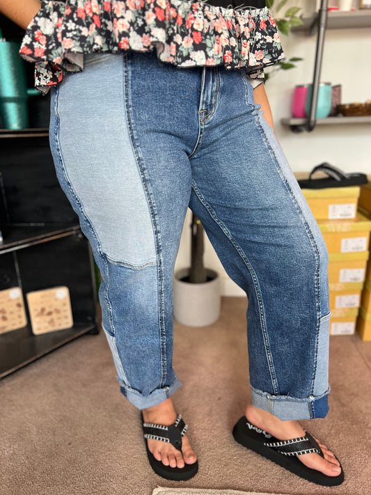 Patchwork Slim Barrel Crop Jean