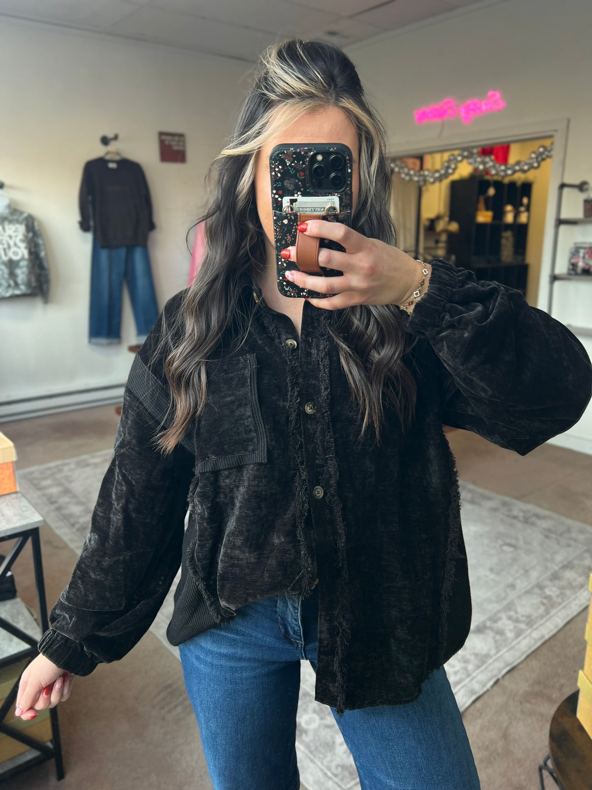 Distressed Cozy Button Down, Black