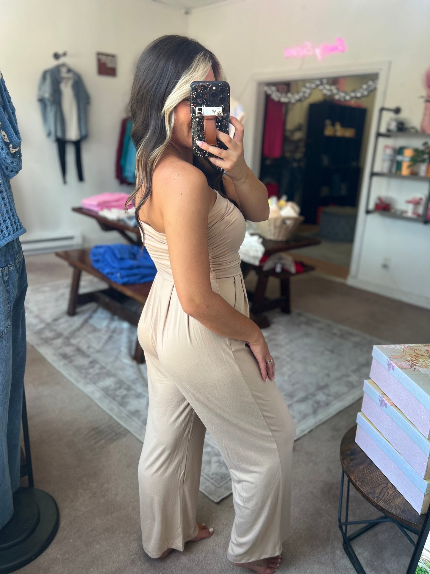 Tube Top Jumpsuit, Beige