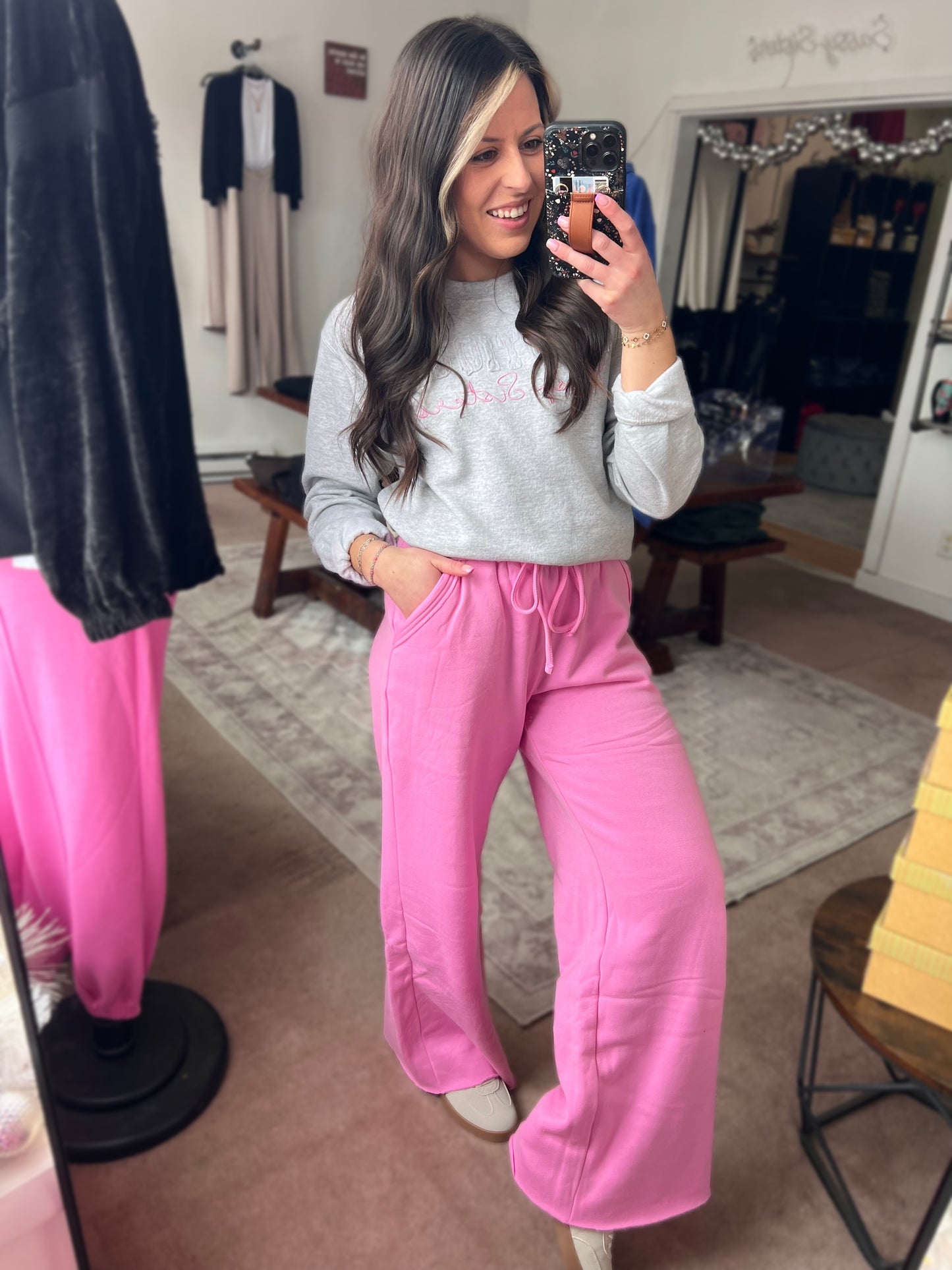 Fleece Wide Leg Pants, Candy Pink