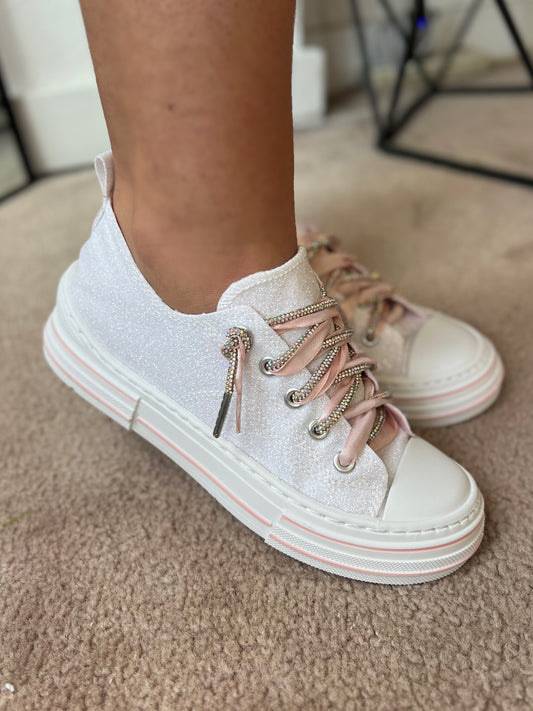Aman Sparkle Sneakers, White w/ Pink Ribbon
