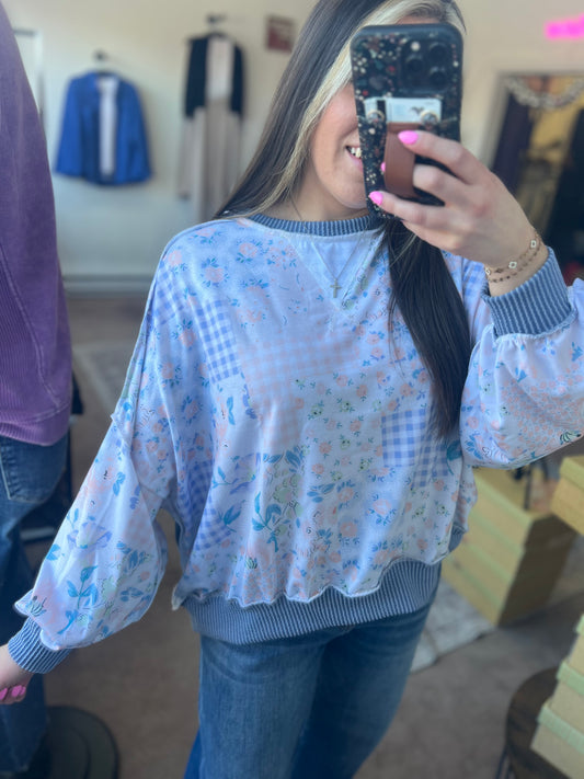 Floral Patchwork and Ribbed Top, Blue