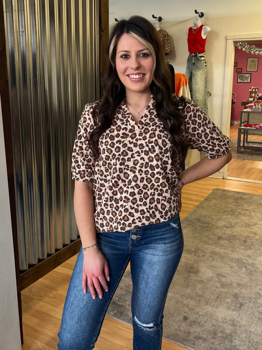 Puff Sleeve V Neck Leopard Top