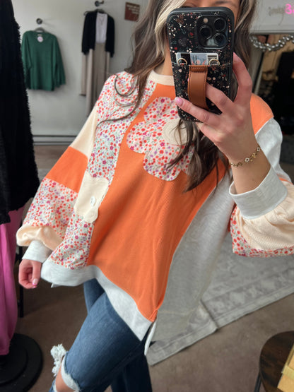 Flower Patchwork Color Block Top
