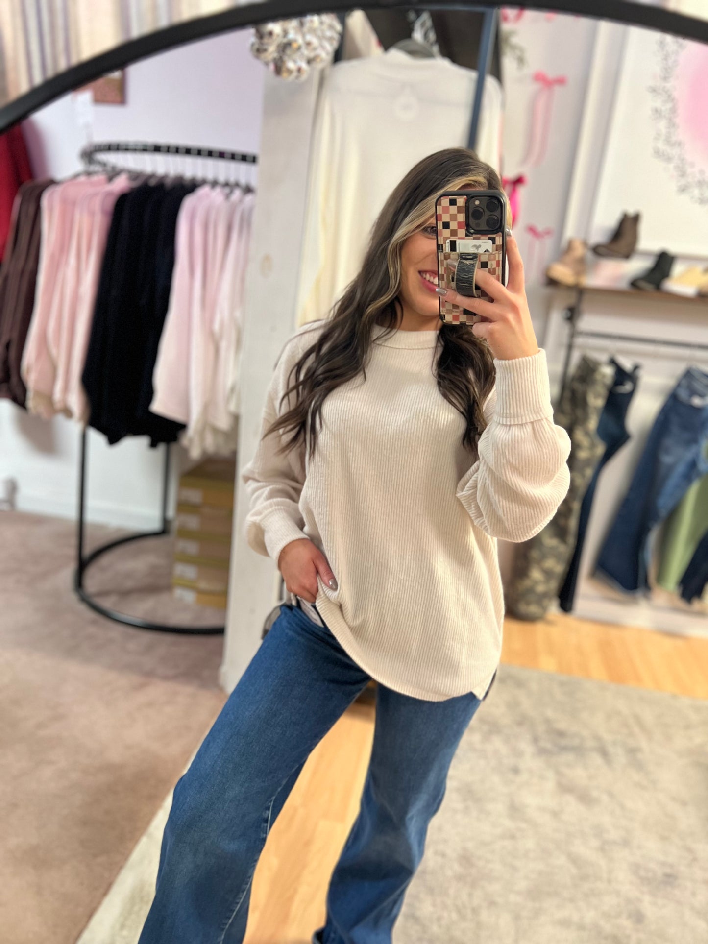 Ribbed Hacci Drop Shoulder Sweater, Beige