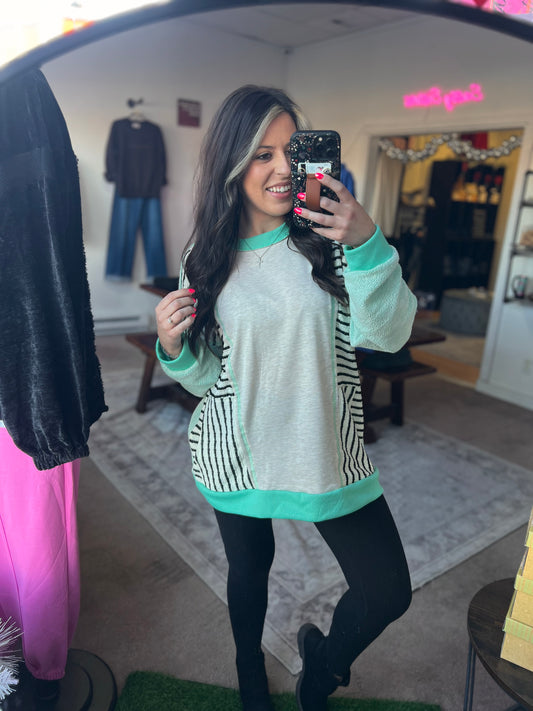 Long Sleeve Stripe Color Block Top, Mint