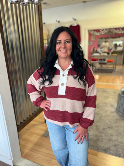 Striped Hacci Polo Sweater, Burgundy
