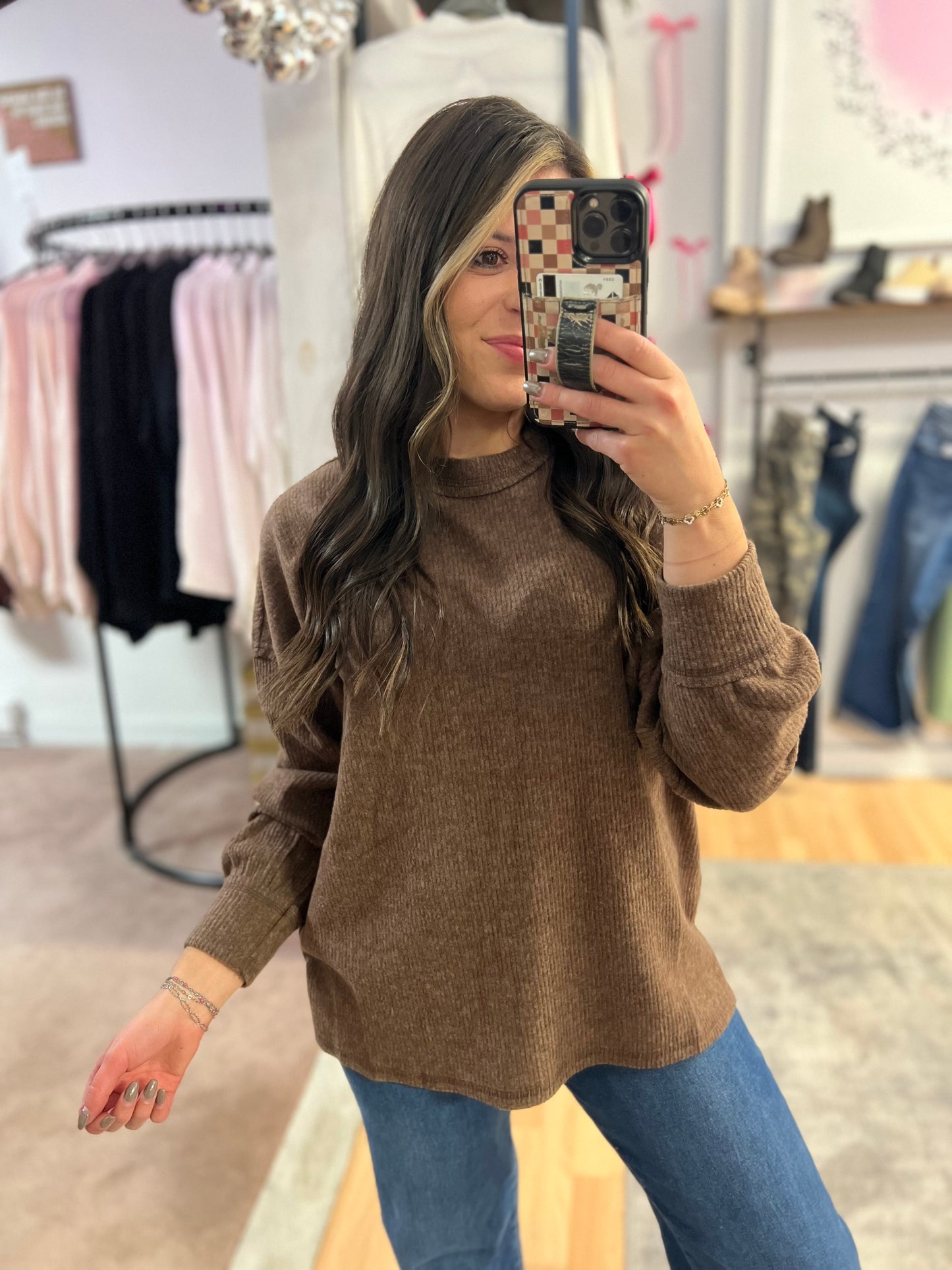 Ribbed Hacci Drop Shoulder Sweater, Brown