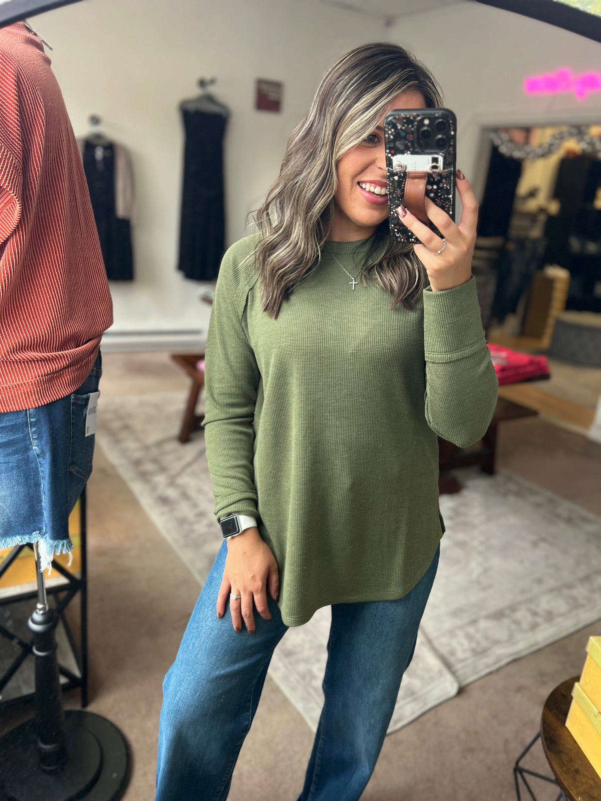 Baby Waffle Long Sleeve Top, Olive