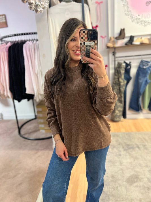 Ribbed Hacci Drop Shoulder Sweater, Brown