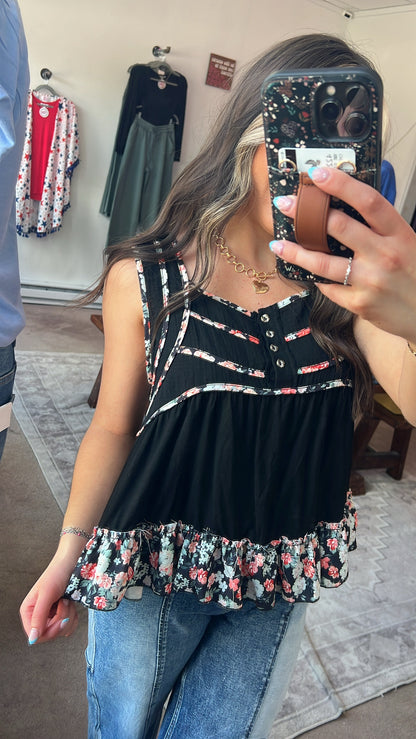POL Floral Sleeveless Tank, Black