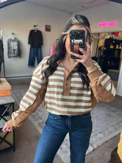 Oversized Striped Pullover, Taupe/Cream