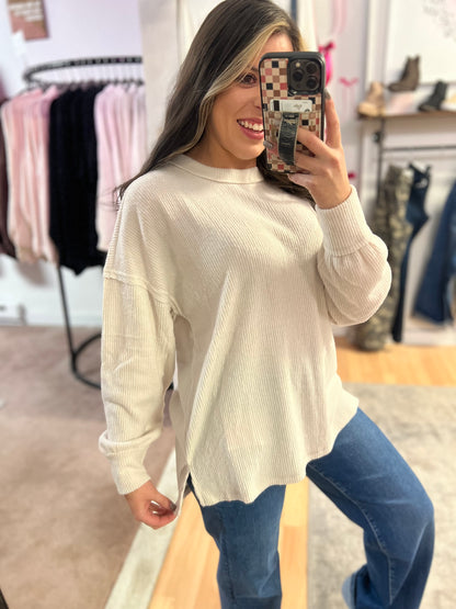 Ribbed Hacci Drop Shoulder Sweater, Beige