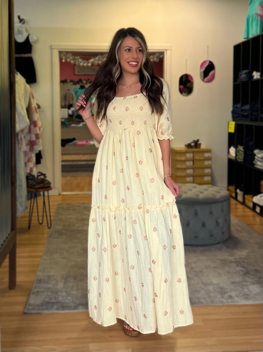 Dahlia Embroidered Maxi Dress, Beige