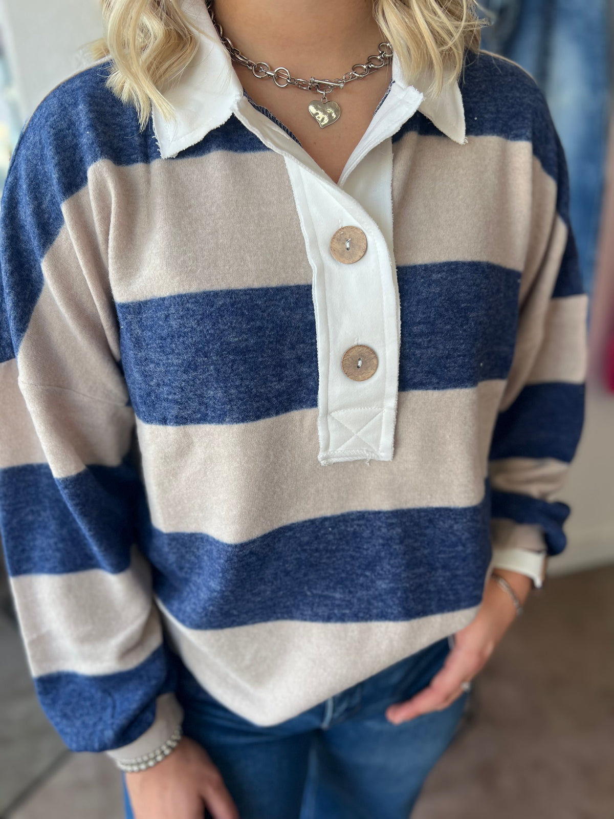 Striped Hacci Polo Sweater, Navy