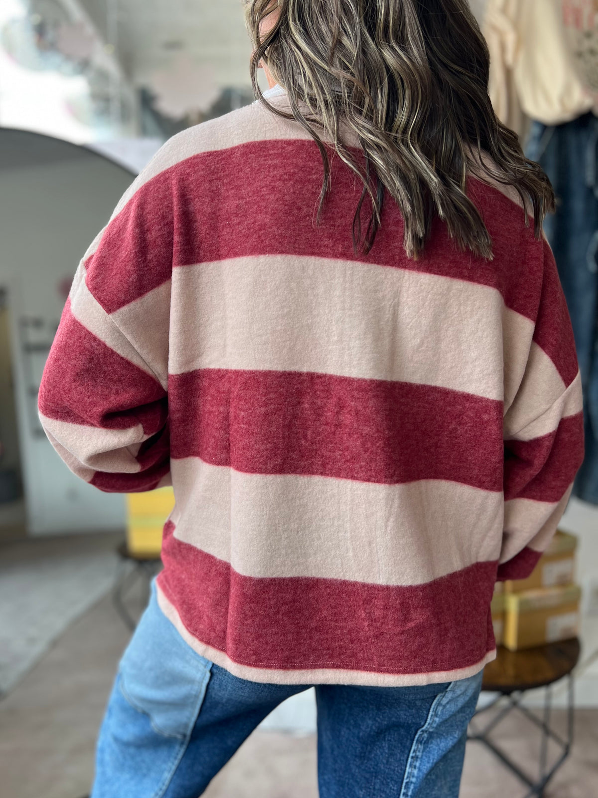 Striped Hacci Polo Sweater, Burgundy
