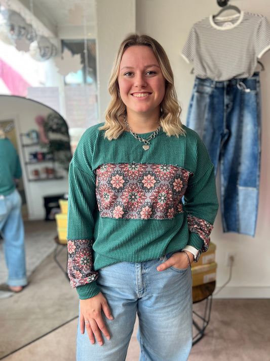 Floral Patchwork Top, Hunter Green