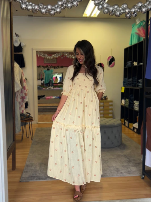 Dahlia Embroidered Maxi Dress, Beige