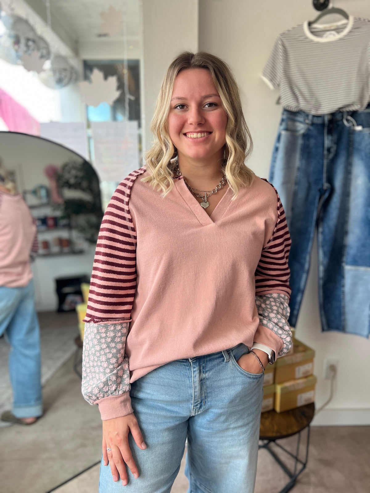 Oversized Floral Knit Top, Blush