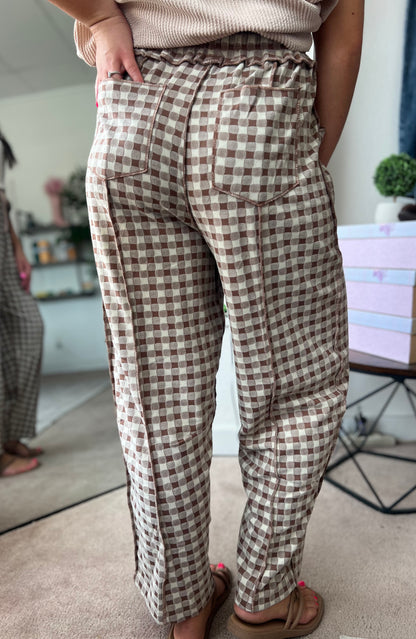 Soft Checker Barrel Pants, Mocha