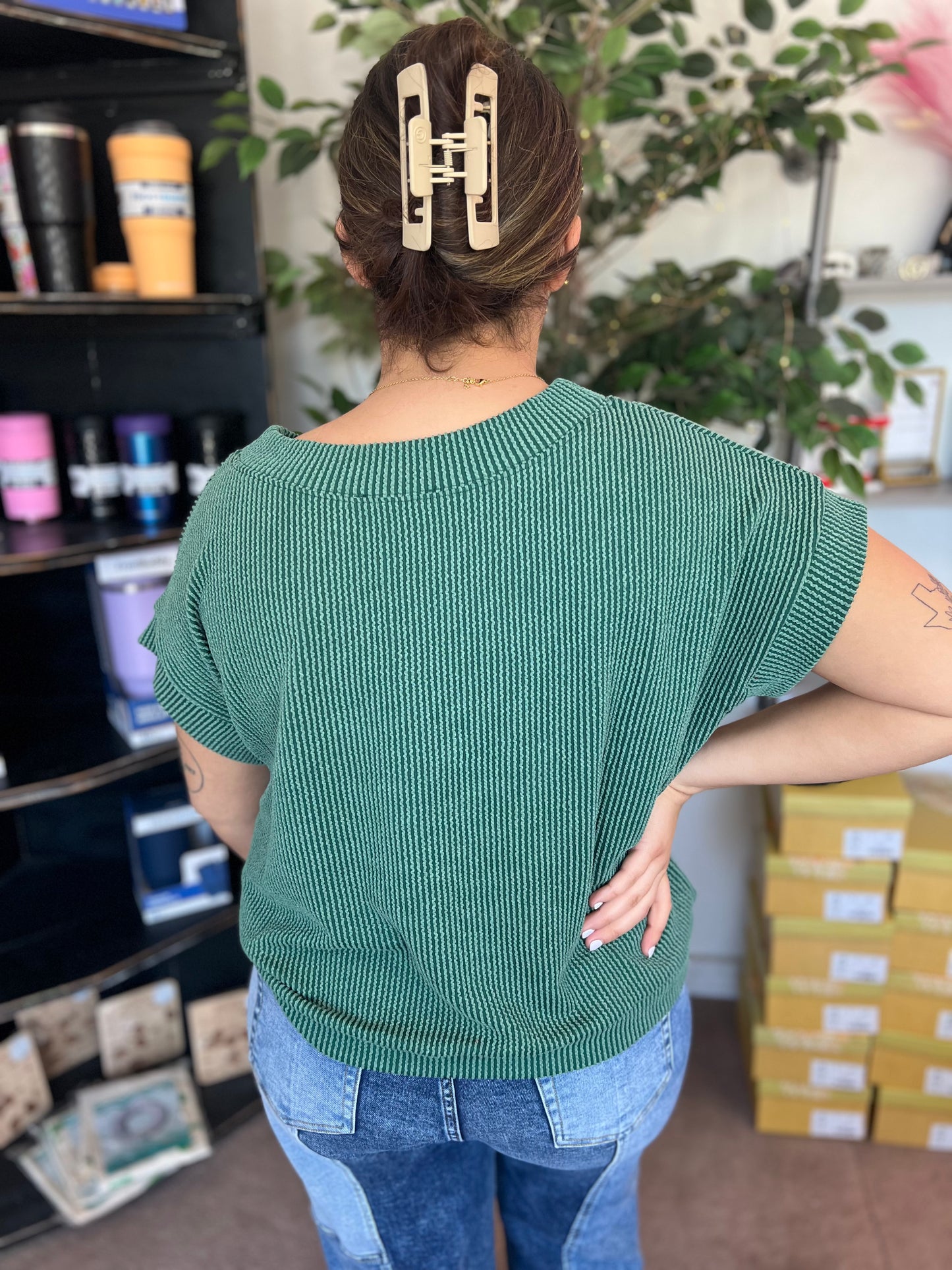 Raised Rib Cap Sleeve, Hunter Green