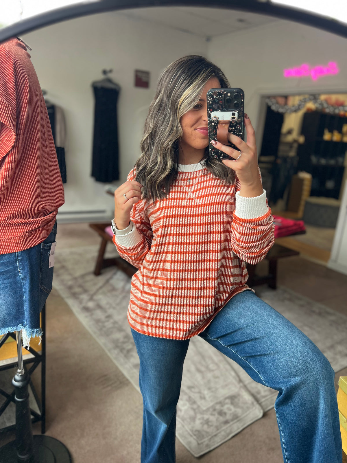 Raised Rib Striped Top, Burnt Orange