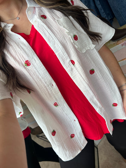 Strawberry Embroidered Gauze Shirt