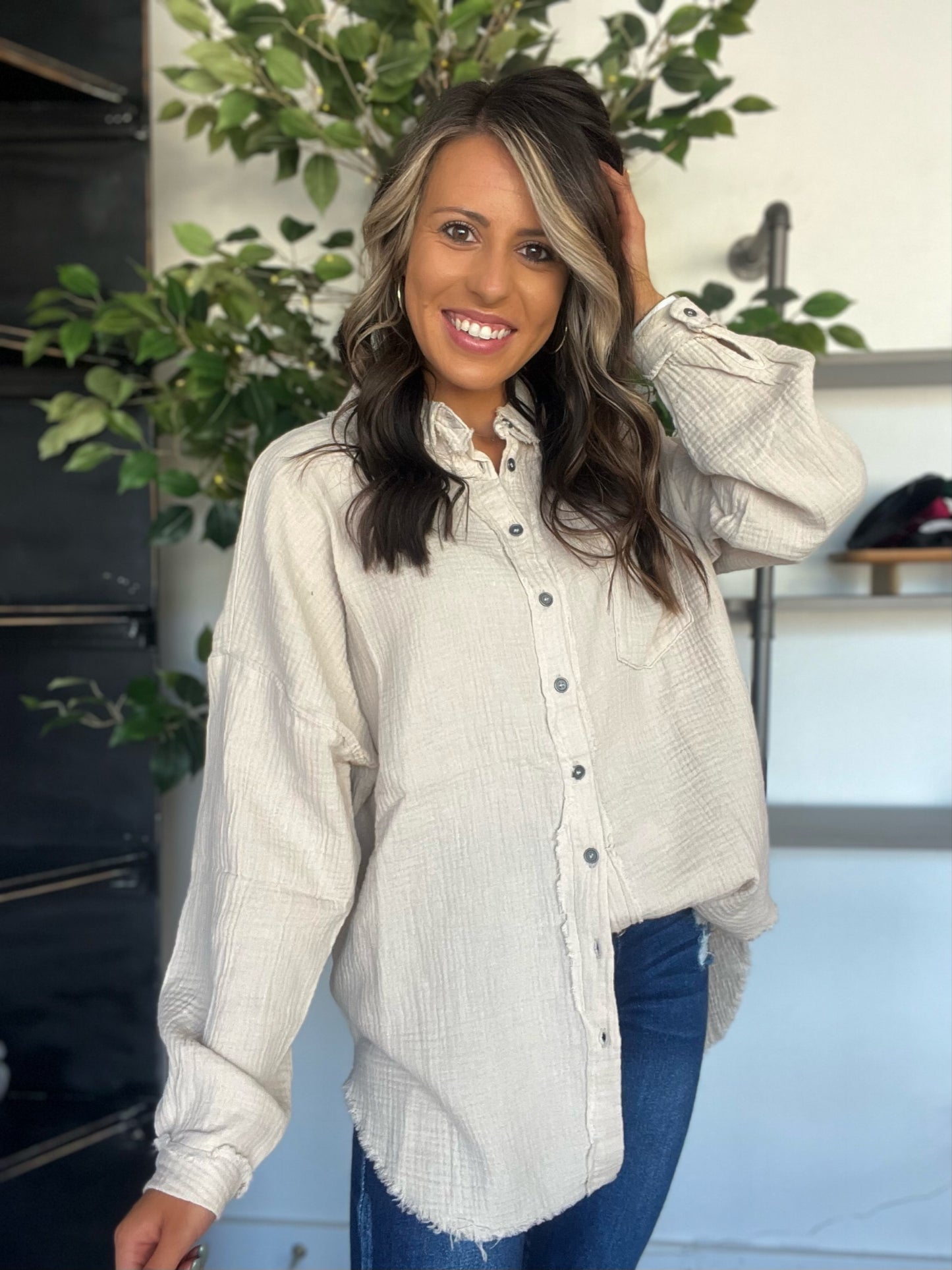 Fancy Like Button Up, Sand Beige