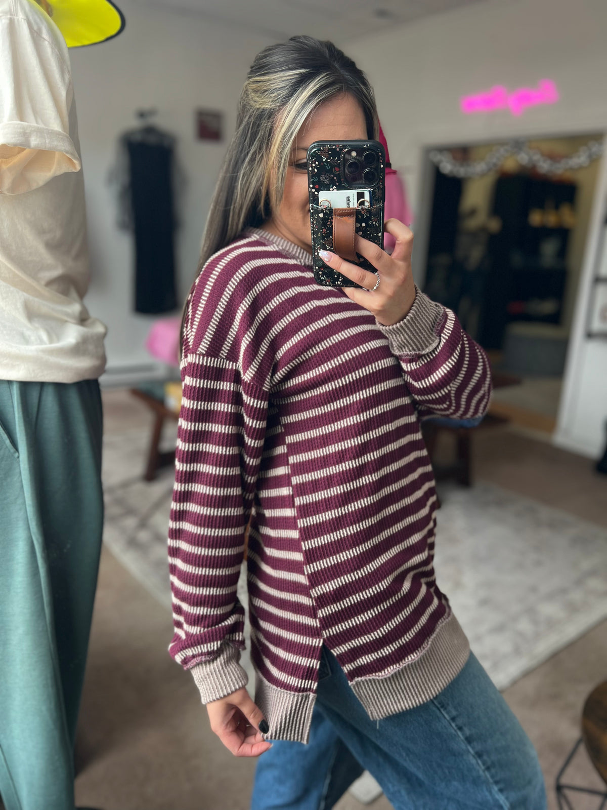 Raised Rib Striped Top, Burgundy