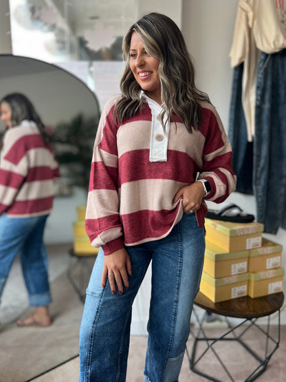 Striped Hacci Polo Sweater, Burgundy