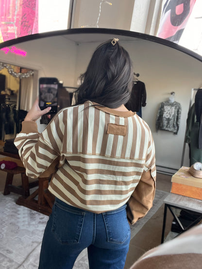 Oversized Striped Pullover, Taupe/Cream