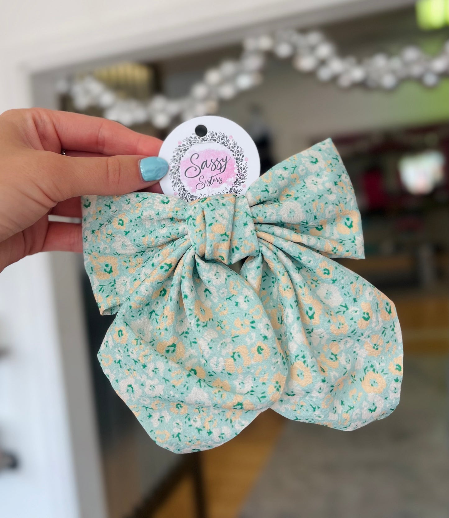 Ditsy Bow Clip, Mint Floral