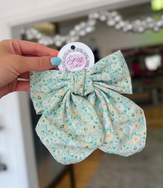 Ditsy Bow Clip, Mint Floral