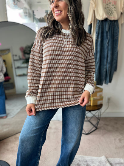 Raised Rib Striped Top, Brown