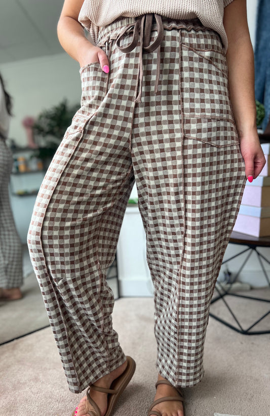Soft Checker Barrel Pants, Mocha