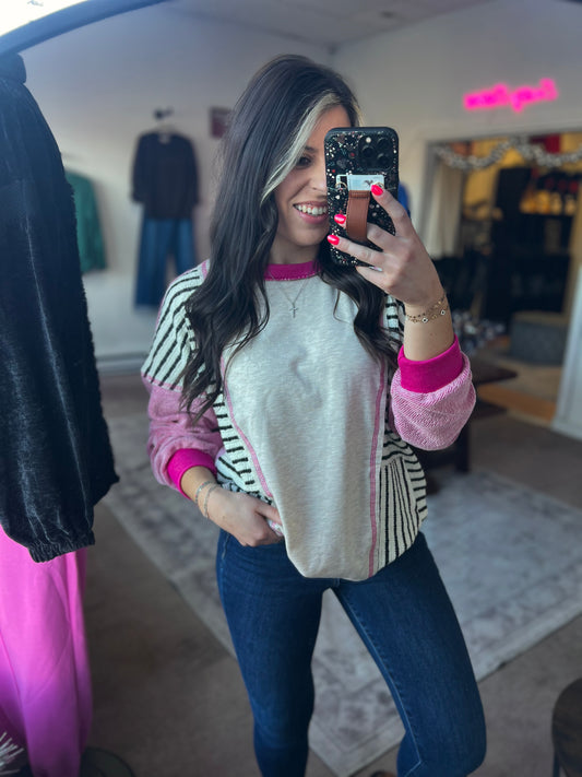 Long Sleeve Stripe Color Block Top, Pink