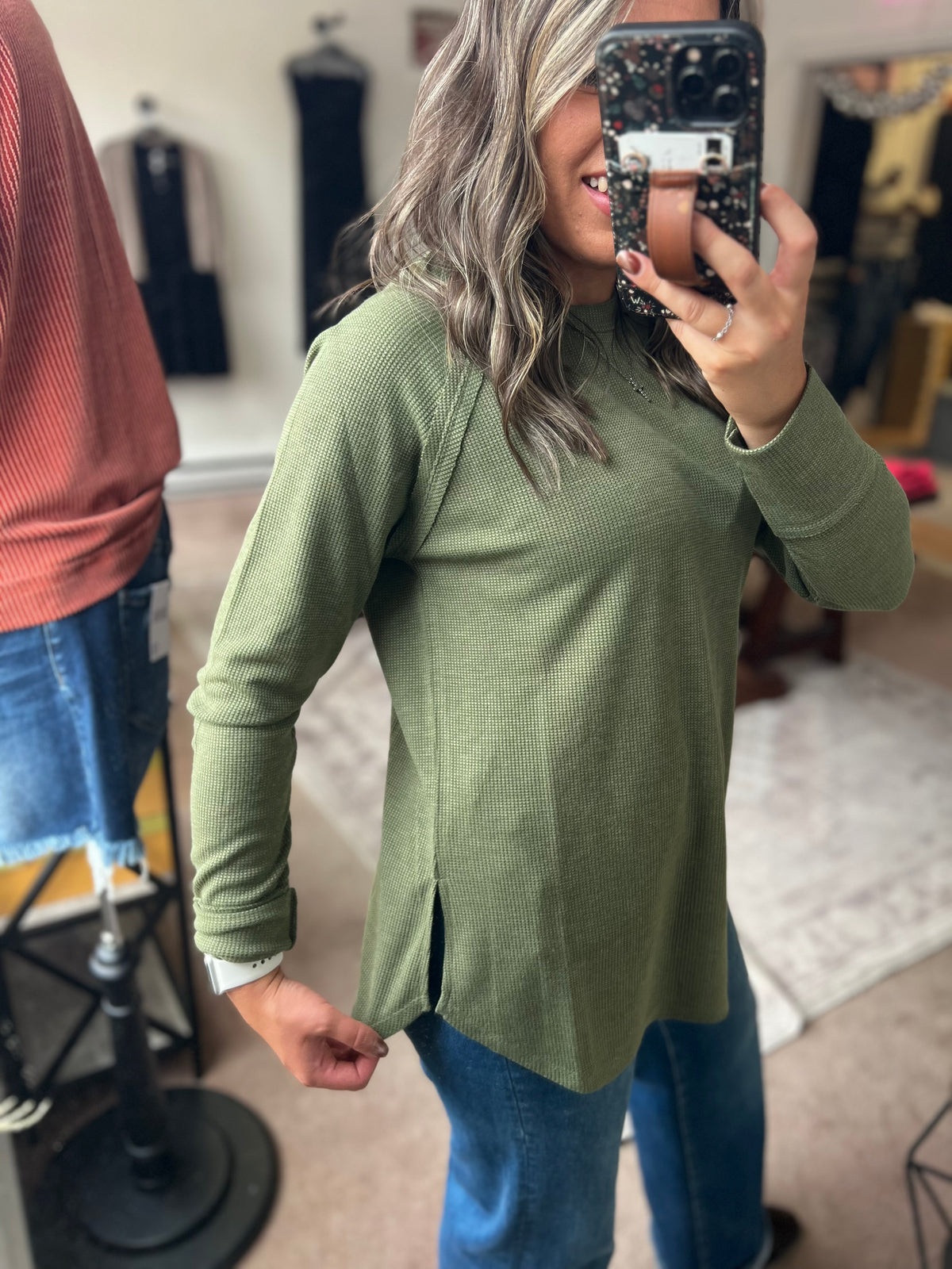 Baby Waffle Long Sleeve Top, Olive