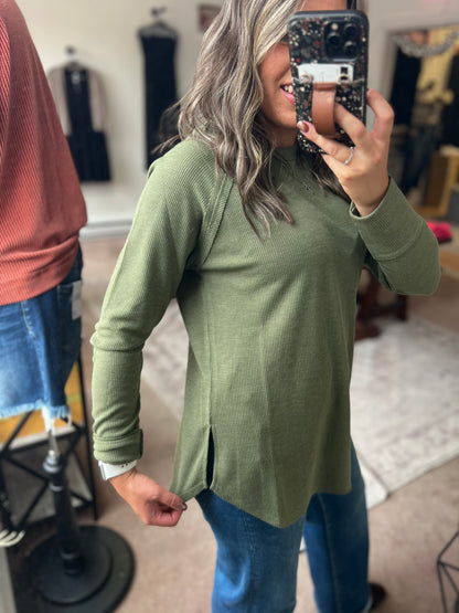 Baby Waffle Long Sleeve Top, Olive