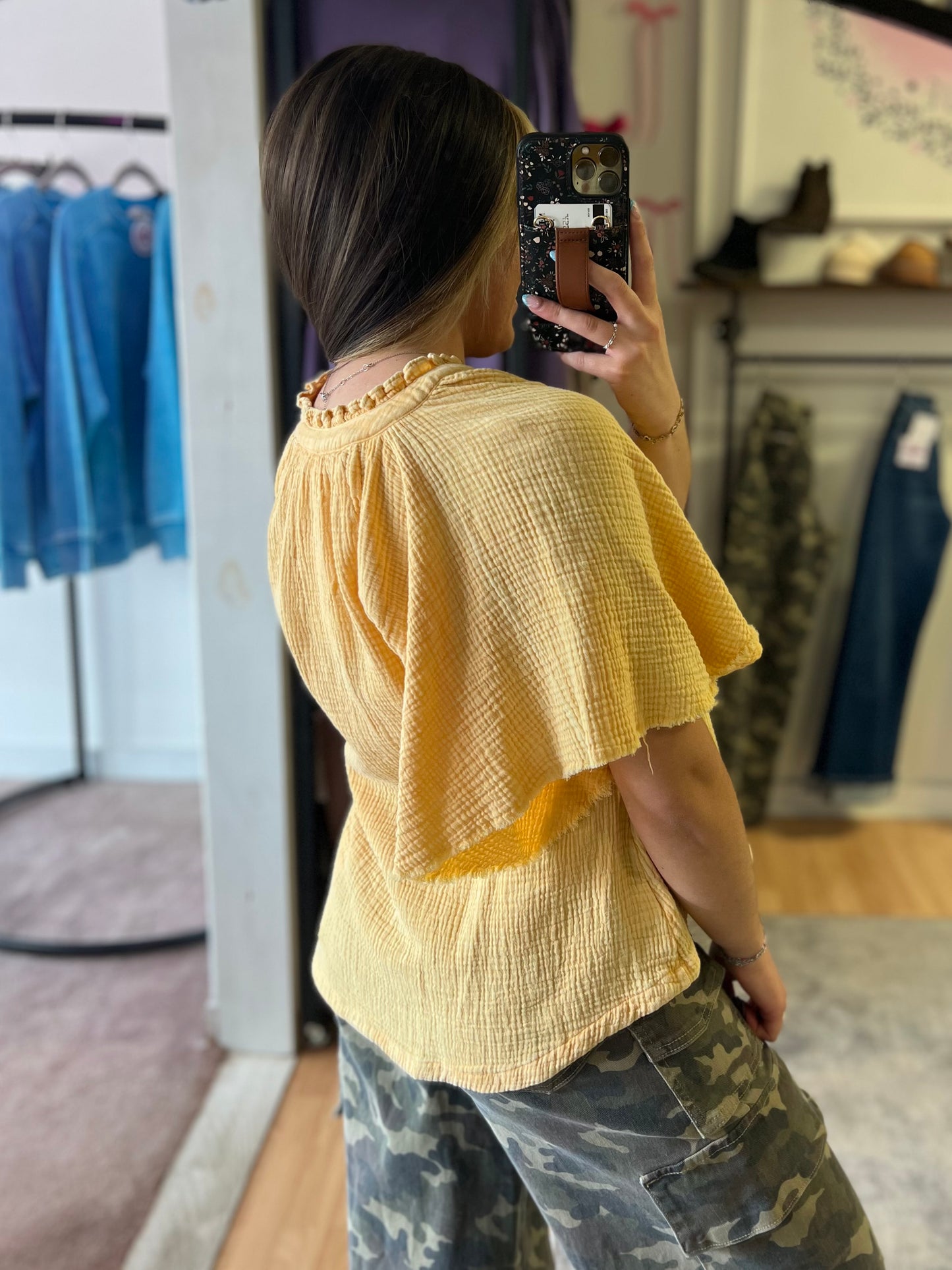 Mineral Wash Gauze Blouse, Yellow