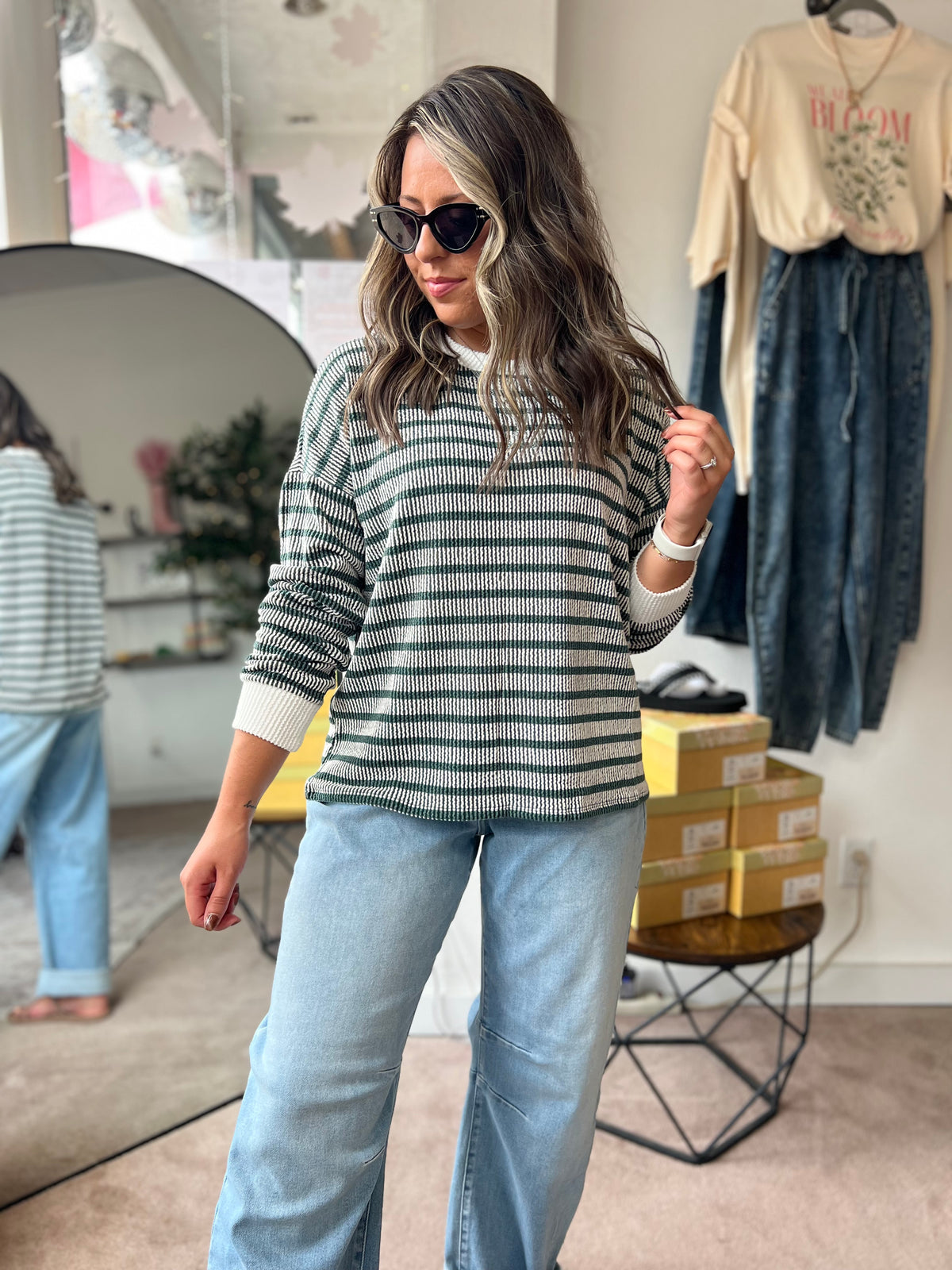 Raised Rib Striped Top, Hunter Green